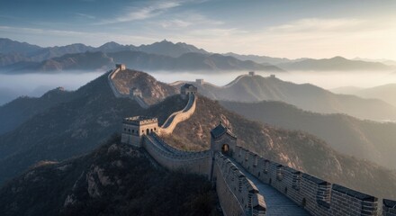 Winding wall over mountain range at sunrise