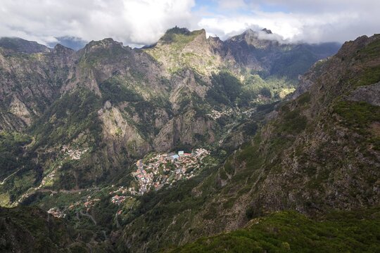 Nun's Valley, Curral das Freiras, view from Miradouro do Paredao, Pico Grande in the background, Madeira, Portugal