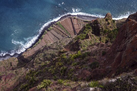 View from the glass-bottom skywalk, Cabo Girao, of terraced fields by the sea, Camara de Lobos, Madeira Island, Portugal