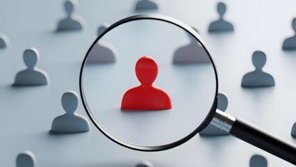 Magnifying glass searching for human talent. Human resources and recruitment selection. Lens focusing on a single red person icon among many grey figures for hiring choice.