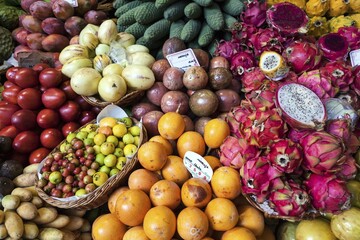 Exotic fruit stall, market, indoor market, Mercado dos Lavradores, Funchal, Madeira, Portugal