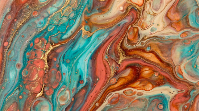 Abstract acrylic pour art background featuring swirling teal orange and gold metallic paint cells in fluid marble pattern