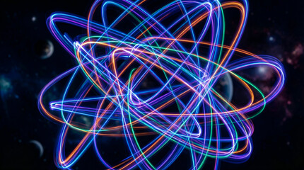 Quantum atom model representation with neon light orbits in space showing bright blue purple and orange glowing filaments