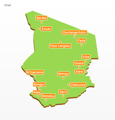 3d vector illustration graphic green color geographical map of Chad with places