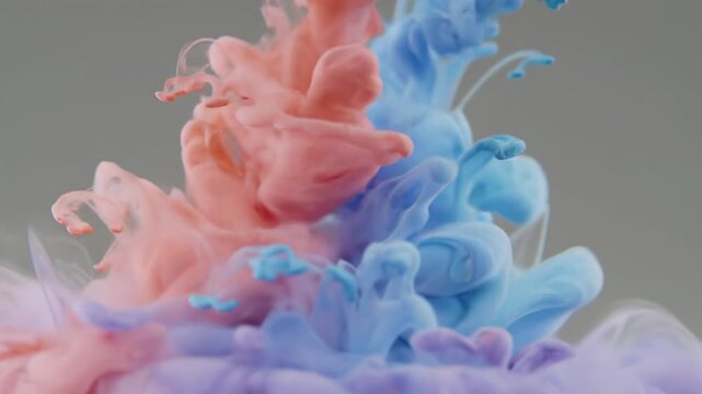 Soft rose pink, light blue, lavender pastel inks gracefully swirl in crystal water, creating ethereal patterns with soft bokeh. Wellness and natural harmony concept