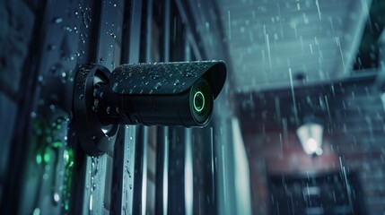 Premium black AI security camera with infrared sensors, capturing crystal clear night vision footage, mounted near front door entrance, subtle green night vision glow