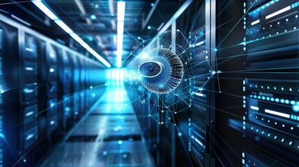 AI security camera with visible wireless signal waves, cloud server connection visualization, network topology diagram overlay, encrypted data transmission lines