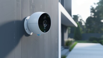 A sleek white AI security camera mounted on a modern home exterior wall, lens with blue LED indicator light, smart motion detection sensor visible, contemporary architectural background