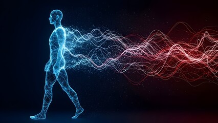 Digital wireframe man walking with energy wave trails. Human evolution and motion graphics. Person transitioning into data stream against dark background