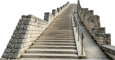 A long wide stone staircase with stone retaining walls and metal railings ascends a gentle slope under daylight stairs ancient architecture steps construction outdoor travel transparent background