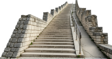 A long wide stone staircase with stone retaining walls and metal railings ascends a gentle slope under daylight stairs ancient architecture steps construction outdoor travel transparent background