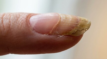 Fototapeta premium Close-up of fingernail with fungal infection and yellowing