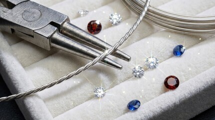 Jewelry making tools and loose gemstones on velvet tray