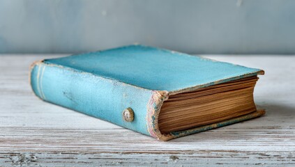 Worn, teal book with aged pages on weathered wood