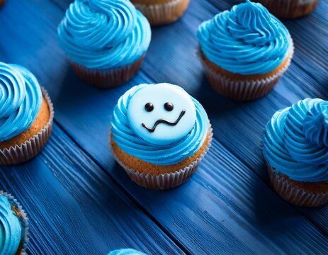 Top view of many blue capcakes with blue cream decoration. One with central sad face on blue background, Blue monday concept