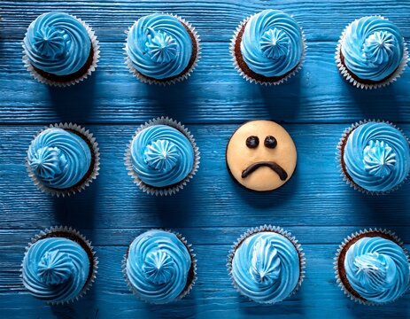 Top view of many blue capcakes with blue cream decoration. One with central sad face on blue background, Blue monday concept