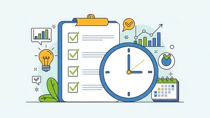 Checklist with clock and calendar in flat design with bright, clean lighting for business planning.