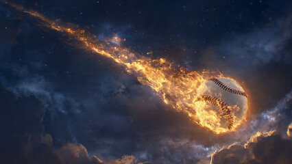 a homerun baseball flaming across the sky night