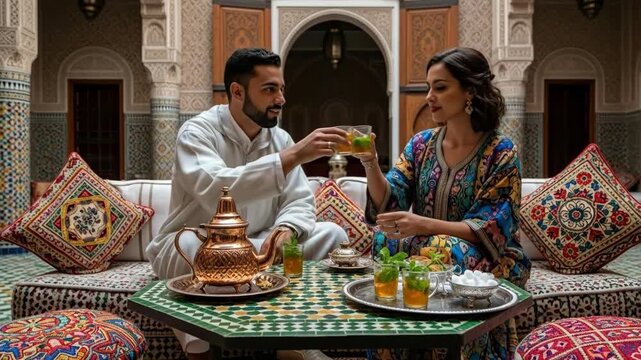 Man and woman enjoying traditional tea ceremony in a moorish courtyard, eastern culture, moroccan style for social media