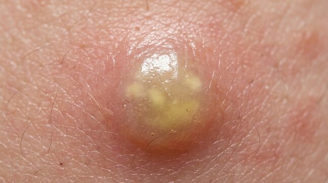 Macro of an inflamed skin boil with visible pus heads