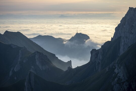 Hoher Kasten and mountains at sunrise, high fog in the valley, view from S&auml;ntis, Appenzell Ausserrhoden, Appenzell Alps, Switzerland