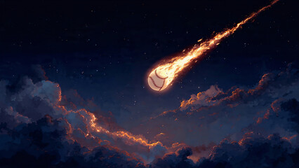 a homerun baseball flaming across the sky night
