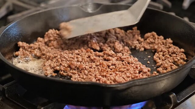 A hand stirs pink ground beef in a hot skillet on a gas stove, with a comma after stove, sizzling as it browns. steam rises up