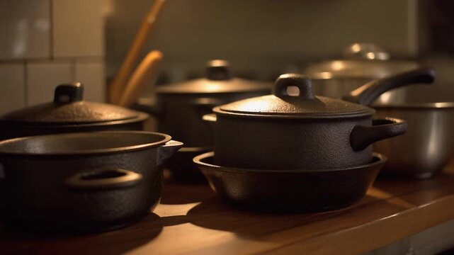 Assorted cookware arranged on a kitchen countertop with soft lighting and a blurred background