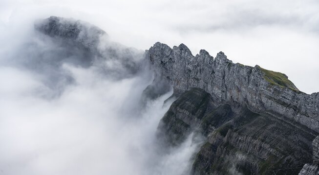 View of mountain peaks above the sea of clouds, Alpstein, high fog, Appenzell Ausserrhoden, Appenzell Alps, Switzerland