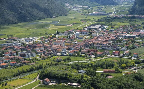 Town view, view of the Sarca Valley with the village of Dro, Garda Mountains, Arco, Trentino-Alto Adige, Italy