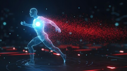 Digital human silhouette running and fitness tracking. Wearable technology and biometric health data. Glowing athlete figure moving through a futuristic data visualization field