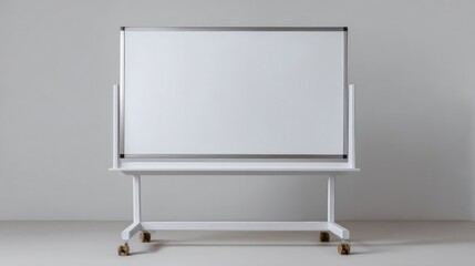 Whiteboard on a white table with four wheels. the whiteboard is rectangular in shape and has a blank whiteboard attached to it with a metal frame.