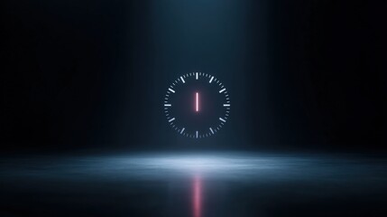 Digital illustration of a clock face in the center of a dark room. the clock face is in the shape of a circle with a red line in the middle, indicating the time.