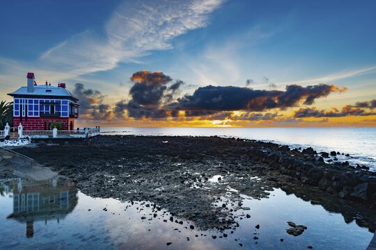The Blue House, Casa Juanita, at sunrise, Arrieta, Lanzarote, Canary Islands, Spain