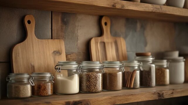 Assorted spices and ingredients stored in glass jars on a rustic wooden shelf in a cozy kitchen setting from a frontal viewpoint