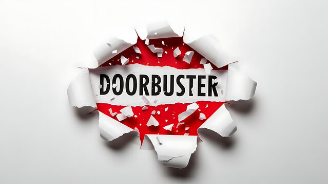 Door Buster Sale Concept Red Paper Tear Through White Background