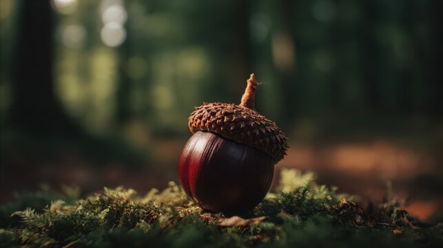 Perfectly round dark brown acorn with textured cap resting on mossy forest floor, autumnal nature close-up