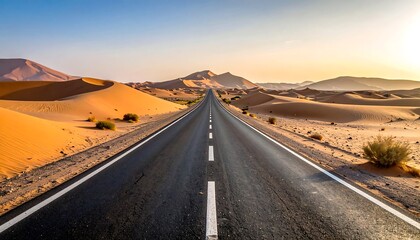 Long asphalt road stretches into a vast desert landscape, leading toward distant mountains and bathed in golden sunlight