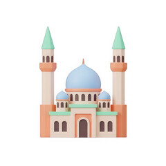 Fototapeta premium Minimalist 3d mosque illustration with two elegant minarets and a prominent blue dome isolated on transparent background