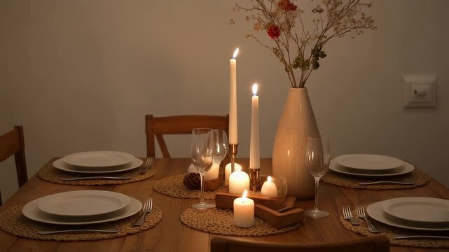 A serene dinner table setup with candles and flowers in a cozy dining environment viewed from the side
