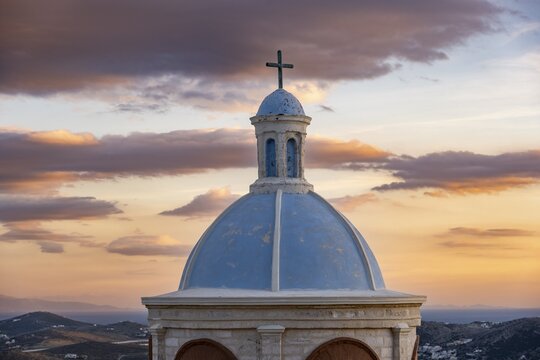 Blue dome of the Catholic Church of Our Lady of Mount Carmel at sunset, Ano Syros, Ermoupoli, Syros, Cyclades, Greece