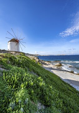Cycladic windmill on the coast, Kato Milli, Mykonos Town, Mykonos, Greece