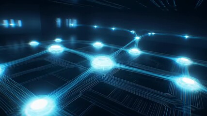 Futuristic server room with glowing blue data racks transitioning to a connected digital network grid in a 3D animation, illustrating cloud computing infrastructure. - Powered by Adobe