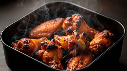 Fototapeta premium Crispy Chicken Wings: A close-up shot of delectable chicken wings, expertly cooked to a perfect golden-brown crisp, steaming enticingly in a dark pan, promising a burst of flavor in every bite.
