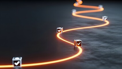 Project management milestones and workflow progress. Goal achievement and task completion. Glowing orange path with check mark boxes on a dark reflective surface.