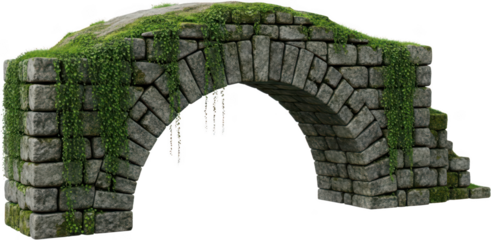 Ancient stone archway covered in green moss and ivy weathered by time evoking a sense of history and abandonment ancient bridge overgrown crumbling masonry structure medieval transparent background