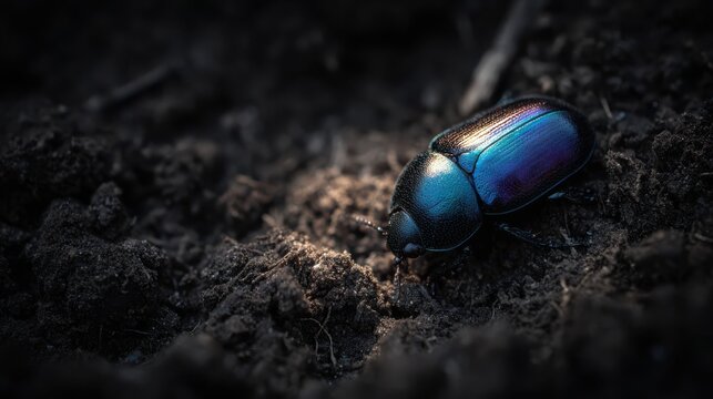 Close-up of an iridescent beetle with shimmering blue and purple wings on dark soil