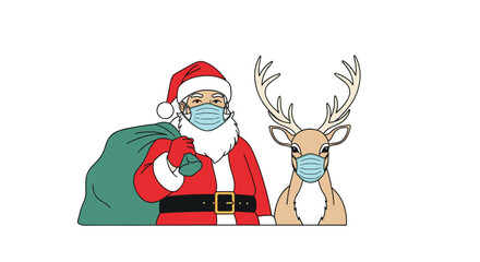 Santa Claus and his reindeer are both wearing blue surgical face masks to promote health safety during the holiday season.
