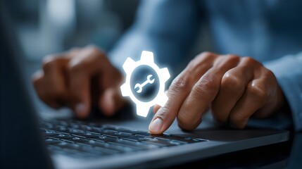 Businessman using a laptop with virtual maintenance and service icons. Concept: Maintenance, technical support, equipment servicing, IT support, after-sales service, business operations management.