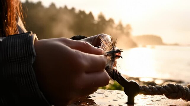 Close Up of Person Tying Fishing Fly on Coast at Sunset